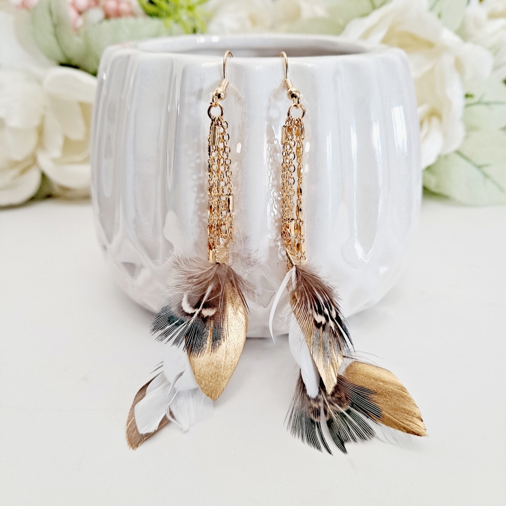 Women's long boho Gold tassel drop multicolor feather earrings 2/$30 - Picture 7 of 12